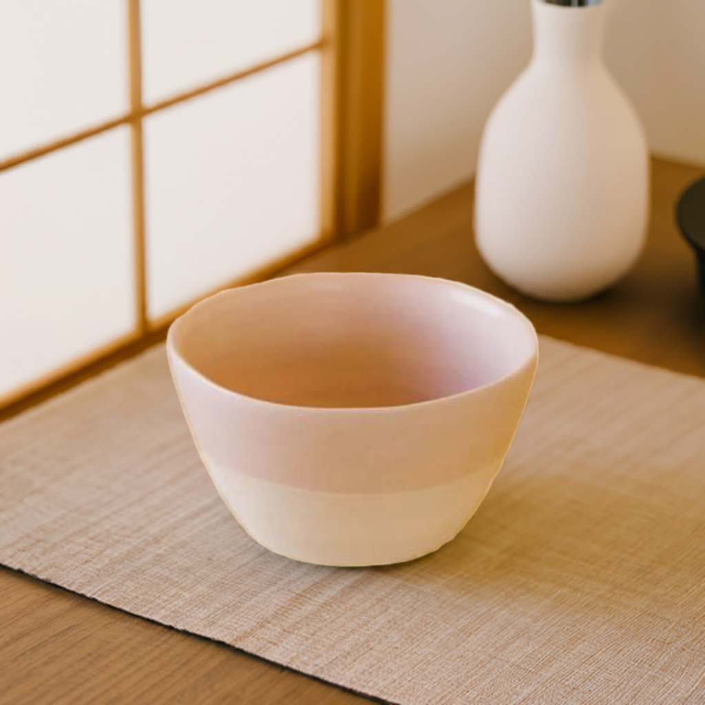 Minimal ceramic bowl with soft pink rim and interior, placed on a straw mat in front of a paper-screen window with a white vase in the background. 